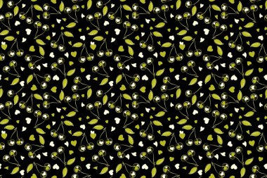 Tropikal renksiz desen. Kusursuz çiçek arkaplanı. İzole edilmiş güzel kirazlar bej, yeşil ve sarı renklerde suluboya çizilmiş. Raster illüstrasyonu.