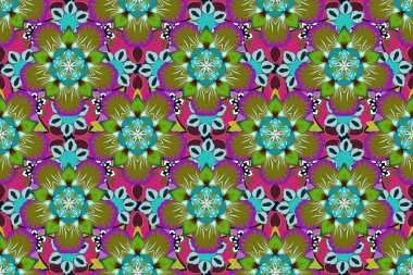 Mavi, yeşil ve mor dairesel mandala, yıldızlar ve kar tanecikleriyle geleneksel süs arkaplanının pürüzsüz deseni.