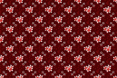 Retro tekstil tasarım koleksiyonu. Sonbahar renkleri. 1950-1960 motifleri. El çizimi çiçek unsurları olan soyut, dikişsiz raster deseni. Pembe, kırmızı ve bej renkli Tesniye çiçekli ipek eşarp.