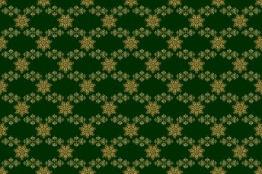 Etnik Hint folkloru. Yeşil ve altın süslemeleri, geometrik Fas dikişsiz desenleri olan soyut ve pürüzsüz bir arkaplan. Şekillendirilmiş altın yıldızlar, kar taneleri ve ızgaralar.