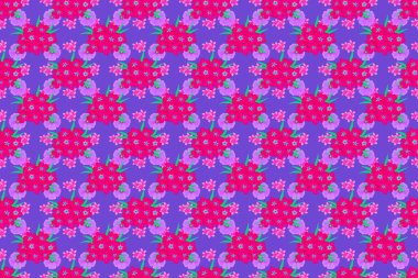 Raster illüstrasyonu. Parlak, güzel primula çiçekleri kusursuz bir arka plan. Menekşe arkaplanda soyut, sevimli çiçek deseni.