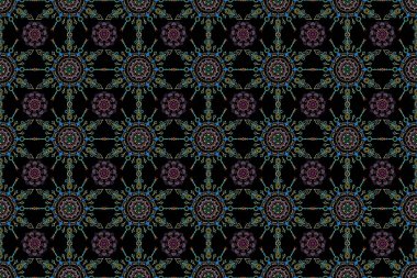 Tarafsız, turuncu ve mavi renklerde raster dikişsiz çiçek deseni tasarım, tekstil veya kumaş için. Raster illüstrasyonu.