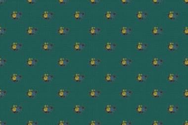 Raster turuncu, yeşil ve mavi gül desensiz.