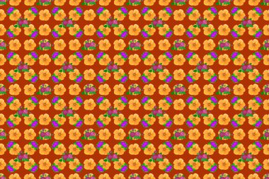 Kahverengi arka planda, sevimli kozmos çiçekleriyle kusursuz raster deseni. Çiçek arka planı.