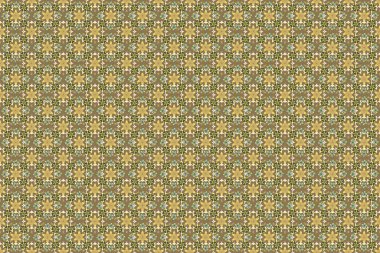 Şekillendirilmiş küçük çiçeklerle kusursuz desenli raster arka plan. Raster illüstrasyonu. Sarı, bej ve yeşil renkli grafiksel çiçek deseni.