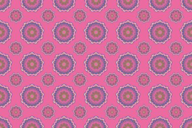 Harika danteller, stilize çiçekler, şal desenleri. Zarif, renkli arka plan dokuması açık. Renkli buklelerin kusursuz deseni. Pembe bir arkaplanda doğu tarzı arabesk.