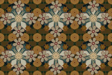 Sonbahar renkleri. 1950-1960 motifleri. Retro tekstil tasarım koleksiyonu. El çizimi çiçek unsurları olan soyut, dikişsiz raster deseni. Gri, kahverengi ve bej renkli çiçek açan ipek eşarp..