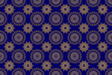 Davetiyeler, tebrik kartları, ambalajlar için süs desenleri. Mavi arka planda dekoratif altın pürüzsüz desen. Raster tasarım için dekoratif elementler. Geleneksel çiçek dekoru.