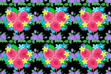 Soyut gül çiçekleri ve siyah arka planda yeşil yapraklarla sulu boya deseni olan romantik, pürüzsüz bir desen. Geçmişi, tekstili, ambalaj kağıtları, tebrik kartları için. Raster illüstrasyonu.