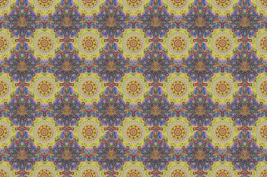 Kusursuz damaske deseni, mavi, gri ve sarı klasik duvar kağıdı. Raster kusursuz desen. Süslü kenar.