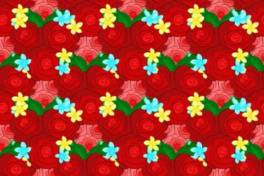 Sarı arka planda suluboya güller ve yeşil yapraklar. Raster romantik arka plan web sayfaları, düğün davetiyeleri, tekstil, duvar kağıdı.