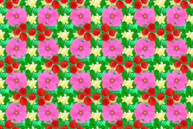 Yeşil arka planda bir sürü soyut renkli çiçekli Raster eskizi. El çizimi çiçek illüstrasyonu. Soyut çiçek arkaplanı.