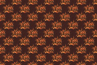 Kahverengi, siyah ve turuncu renkli şık primula çiçekleri olan moda baskılar. Dekorasyon ve tasarım için güzel, pürüzsüz bir desen. Primula çiçekleriyle klasik tarzda enfes bir desen..