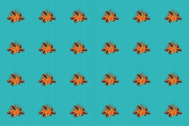 Soyut raster arka planı. Çiçeksiz desenli, çiçek açan, turuncu, sarı ve mavi yapraklı çiçek deseni. Plumeria çiçekli şık duvar kağıtları.