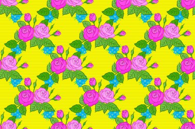 Raster illüstrasyonu. Tarzlı gül çiçekleri ve sarı arka planda yeşil yapraklı kusursuz çiçek deseni..