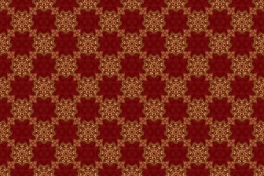 Altın mehndi 'nin Raster sanatı. Geleneksel Hint tarzı, kına dövmesi, baskı, altın çıkartmalar, mehndi, yoga tasarımı için süslü çiçek unsurları. Kırmızı arkaplanda pürüzsüz desen.