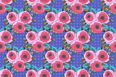 Raster dikişsiz çiçek sınırı. İzole gül çiçekleri pembe, kırmızı ve mavi renklerde.