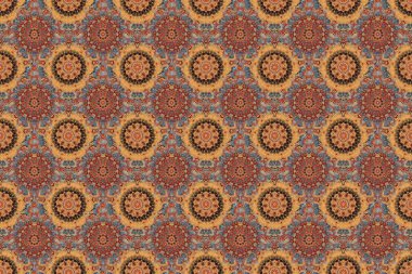 Raster illüstrasyonu. Kahverengi, gri ve turuncu desenli. Doğum günü kartı, davetiye ya da afiş için uygun. Ortaçağ çiçek desenli. Dekoratif simetri arabesk.