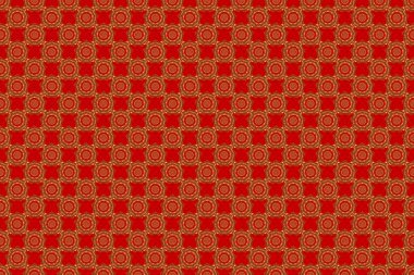 Kırmızı zemin üzerinde altın dairesel mandala, yıldızlar ve kar taneleri bulunan geleneksel süs arkaplanının pürüzsüz deseni..