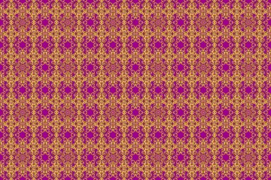 Kumaş, tekstil, iç dekorasyon. Mor arka planda el yapımı altın elementler. Eski, dikişsiz çiçek deseni.