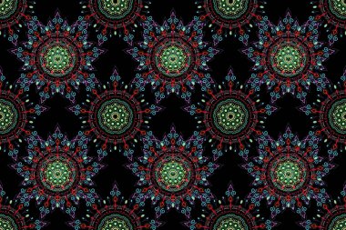 Raster illüstrasyonu. Mor, yeşil ve sarı renklerde barok çiçekli, pürüzsüz desen. Şatafatlı klasik süs, duvar kağıtları, baskı, tekstil veya kumaş için kraliyet Victoria dönemi dokusu.