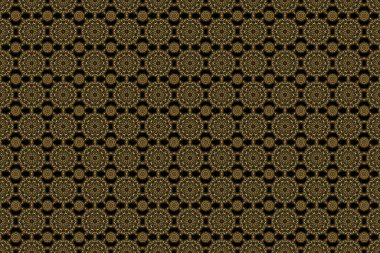 Siyah ve altın süslemeli, soyut, dikişsiz yama arkaplan, geometrik Fas desenli. Şekillendirilmiş altın yıldızlar, kar taneleri ve ızgaralar. Etnik Hint folkloru.