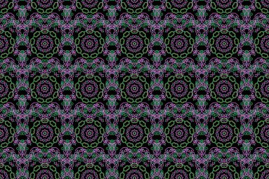 Raster tarzı bir süs. Şam, yeşil renklerde, dikişsiz çiçek deseni. Kraliyet duvar kağıdı. Siyah arkaplanda soyut çiçekler.
