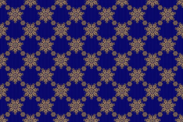 无缝图案东方饰品 蓝色和金色的老式纺织品印花 伊斯兰栅栏设计 带有花卉图案的金砖 — 图库照片