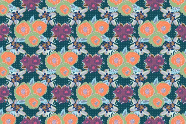 Raster Rose Flower Seamless Pattern Orange Pink Blue Colors — Stock Photo, Image