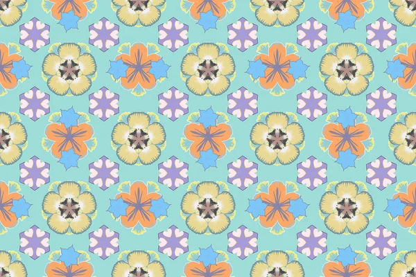 Naadloos Bloemenpatroon Met Gestileerde Bloemen Gele Blauwe Beige Kleuren Rasterillustratie — Stockfoto