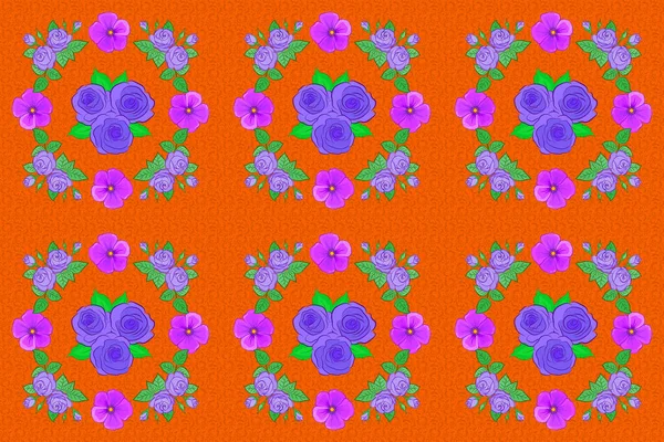 Hand drawn brush painting roses and green leaves. Raster seamless ink pattern with abstract flowers in violet, green and orange colors. Trendy floral background.