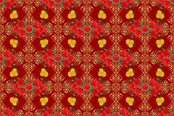 Nahtloses Hintergrundmuster Mit Dekorativen Mohnblumen Und Blättern Auf Rotem Hintergrund — Stockfoto