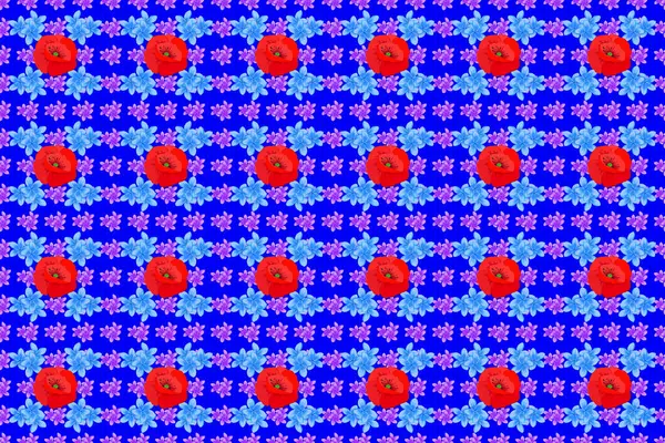 モトリー プファリアの花と青の背景にシームレスな花パターン ラスターイラスト — ストック写真