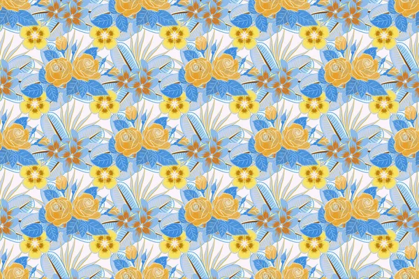 Raster floral print in blue, yellow and brown colors. Cute rose flowers and leaves pattern,. Watercolor seamless pattern on striped background.