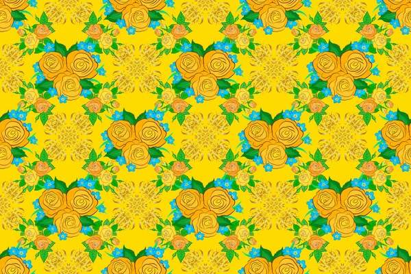 Floral wallpaper on yellow background. Raster striped seamless pattern with roses, gold and green leaves. Traditional oriental seamless pattern. Decorative ornament for fabric, textile, wrapping paper