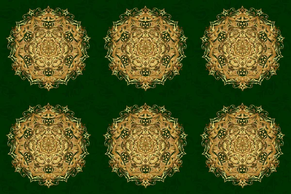 Patrón Abstracto Trama Mandala Dorado Dibujado Mano Sobre Fondo Verde —  Fotos de Stock