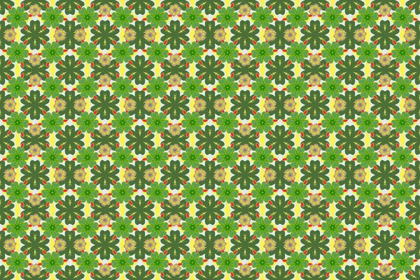 Vintage design with motley ornaments. Abstract raster seamless pattern with yellow, red and green ornaments.