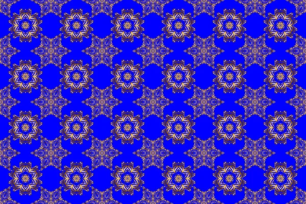 Abstract blue background with golden geometric ornament. Can be used for digital paper, textile print, page fill. Raster seamless pattern in Christmas traditional colors.