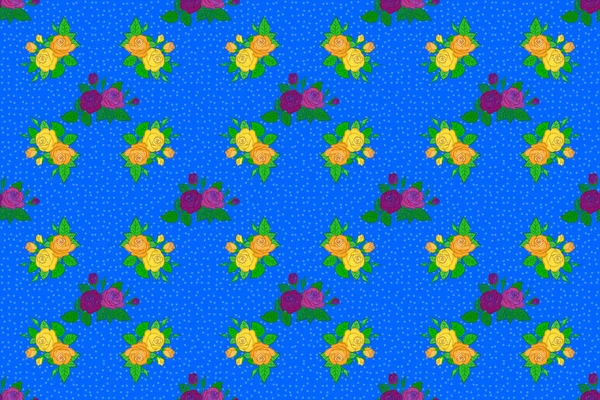 Raster striped seamless pattern with rose flowers and green leaves. Floral wallpaper on blue background. Decorative ornament for fabric, textile, wrapping paper. Traditional oriental seamless pattern.