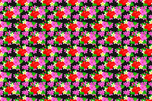 Floral print. Repeating raster hibiscus flowers pattern. Modern motley floral seamless pattern on a black background.