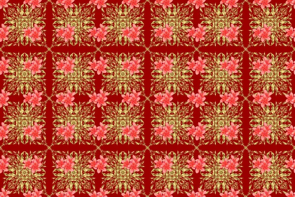 Raster Illustration Nahtloses Blumenmuster Mit Stilisierten Blüten Auf Rotem Hintergrund — Stockfoto