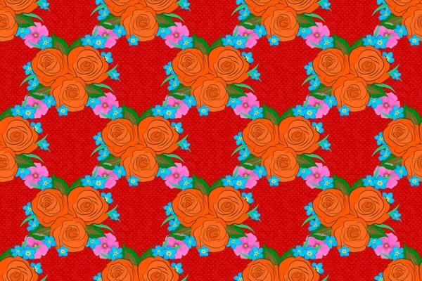 Vintage Seamless Pattern Red Background Hand Written Raster Rose Flowers — Stock Photo, Image