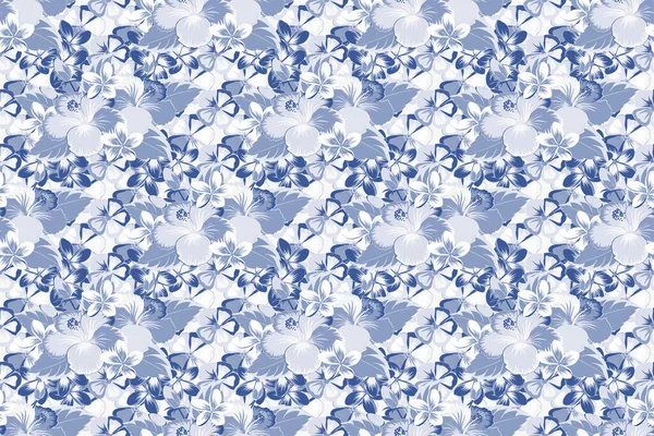 Весенняя Бумага Абстрактными Милыми Цветками Гибискуса Белых Синих Серых Цветах — стоковое фото