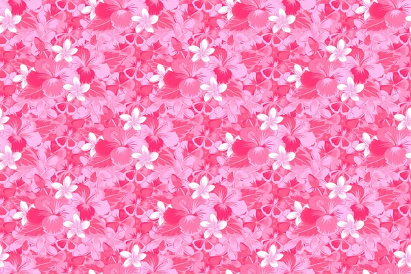 莫特利无缝图案 典雅的时尚印刷品模板 春花背景 五彩斑斓的小花白花 洋红花和粉红芙蓉花中的斑纹可爱图案 — 图库照片