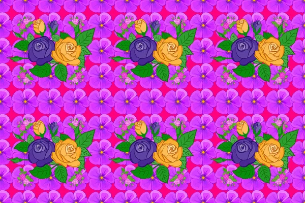 Nahtloses Blumenmuster Auf Magenta Hintergrund Mit Kunterbunten Rosenblüten Und Grünen — Stockfoto