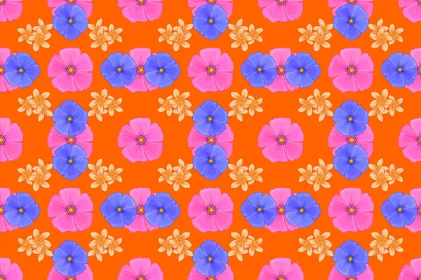 Raster Naadloos Bloemmotief Met Kosmos Bloemen Bladeren Violette Oranje Roze — Stockfoto