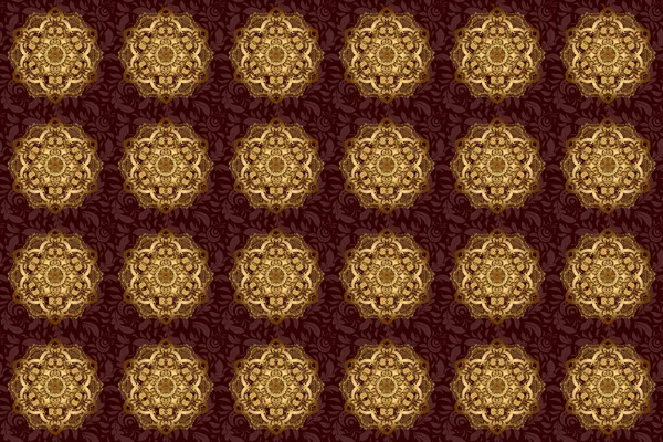 Wedding, holiday card. Ethnic texture. Vintage raster decorative ornament. Arabic Mandala pattern on brown background. East, Islam, Indian, motifs. Gold. Orient, symmetry lace, fabric.