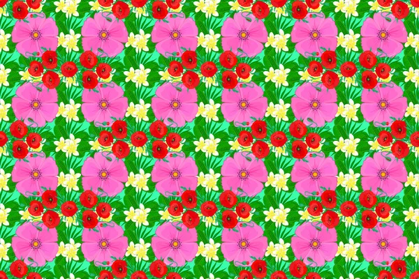 Raster Esboço Com Muitas Flores Coloridas Abstratas Fundo Verde Ilustração — Fotografia de Stock