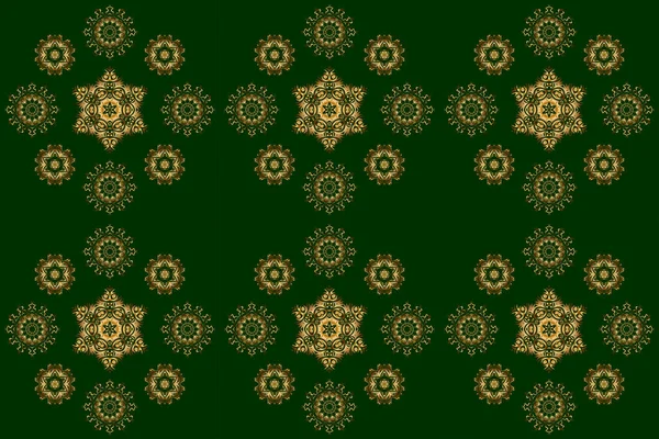 幾何学的な繰り返し黄金の要素を持つラスター装飾 緑と金色のシームレスなパターン 緑を背景にしたシームレスな抽象モダンパターン — ストック写真