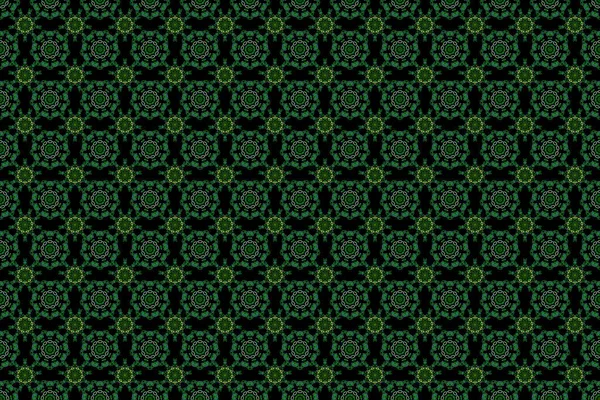 Nice hand-drawn illustration. Elegant green seamless pattern with floral and Mandala elements.